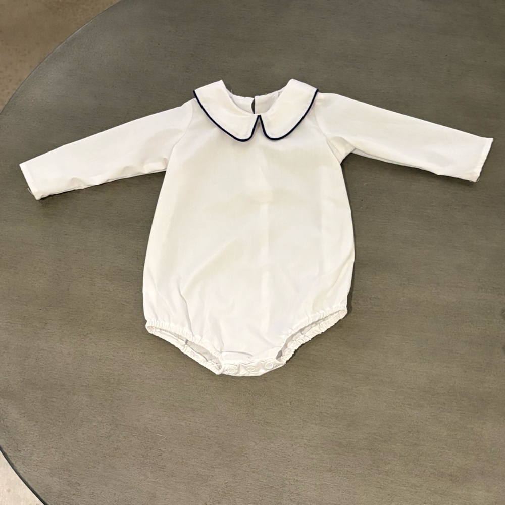 Beaufort Bonnet Company TBBC -Peter Pan collar White navy Sleeve Baby Onesie 12M